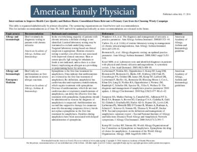 Published online July 17, 2014  Interventions to Improve Health Care Quality and Reduce Harm: Consolidated Items Relevant to Primary Care from the Choosing Wisely Campaign This table is organized alphabetically by primar