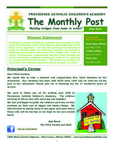 PROVIDENCE CATHOLIC CHILDREN’S ACADEMY  The Monthly Post May[removed]Mission Statement