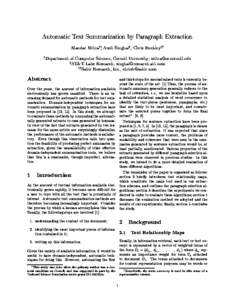 Automatic Text Summarization by Paragraph Extraction Mandar Mitray, Amit Singhalz, Chris Buckleyyy y Department of Computer Science, Cornell University; [removed] z