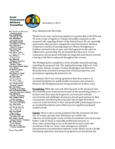 November 5, 2014 Dear Administrator McCarthy: Thank you for your continuing emphasis on partnership as the EPA and US Army Corps of Engineers evaluate the public comments on the proposed rule regarding Waters of the Unit