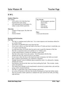 Solar Matters III  Teacher Page K-W-L Student Objective