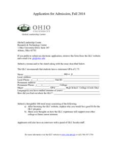 Application for Admission, Fall[removed]Global Leadership Center Research & Technology Center 1 Ohio University Drive Suite 307 Athens, Ohio 45701