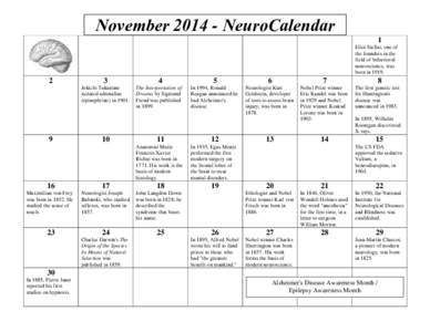 November[removed]NeuroCalendar 1 Eliot Stellar, one of the founders in the field of behavioral neuroscience, was
