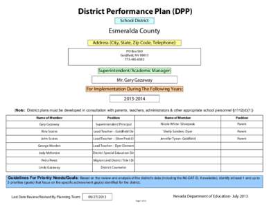 District Performance Plan (DPP) School District Esmeralda County Address (City, State, Zip Code, Telephone): PO Box 560