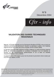 N° 9 Décembre 2004 Cftr - info VALIDATION DES GUIDES TECHNIQUES RÉGIONAUX