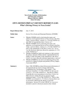 Nova Scotia Freedom of Information and Protection of Privacy Report of Review Officer Dulcie McCallum  OWN-MOTION PRIVACY REVIEW REPORT P-12-05: