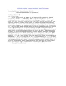 Southern Campaign American Revolution Pension Statements Pension Application of Thomas Boreland: S40010 Transcribed and annotated by C. Leon Harris Cumberland County SS State of Pennsylvania On this twenty seventh day of