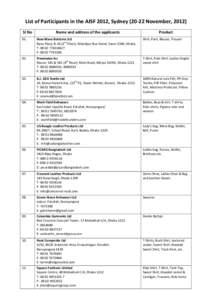 List of Participants in the AISF 2012, Sydney[removed]November, 2012) Sl No Name and address of the applicants  Product
