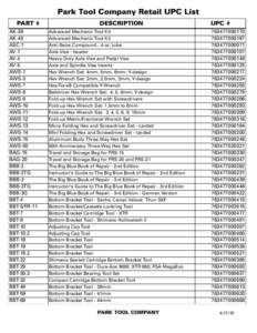 Park Tool Company Retail UPC List PART # AK-38 AK-40 ASC-1 AV-1