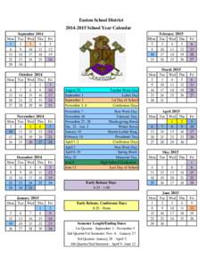 Easton School District[removed]School Year Calendar September 2014 Mon Tue Wed Thu 1 2