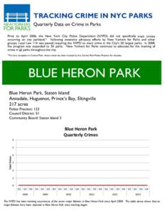 TRACKING CRIME IN NYC PARKS Quarterly Data on Crime in Parks Prior to April 2006, the New York City Police Department (NYPD) did not specifically track crimes occurring on city parkland.* Following extensive advocacy eff