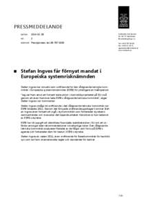 Pressmeddelande: Stefan Ingves får förnyat mandat i Europeiska systemrisknämnden
