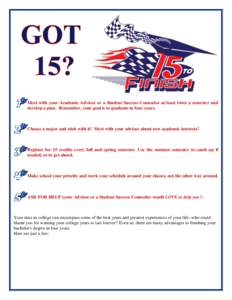 Meet with your Academic Advisor or a Student Success Counselor at least twice a semester and develop a plan. Remember, your goal is to graduate in four years. Choose a major and stick with it! Meet with your advisor abou