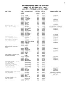 1  MISSOURI DEPARTMENT OF REVENUE SALES TAX HOLIDAY RATE TABLE AUGUST 3 THROUGH AUGUST 5, 2007 CITY NAME