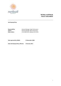 NETBALL AUSTRALIA POLICY DOCUMENT Anti-Doping Policy  Responsibility: