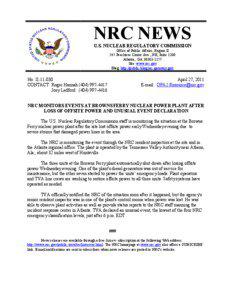 Press Release-II[removed]: NRC Monitors Events at Browns Ferry Nuclear Power Plant After Loss of Offsite Power and Unusual Event Declaration.