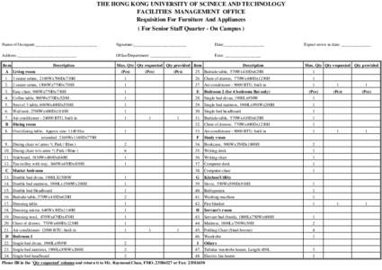 THE HONG KONG UNIVERSITY OF SCINECE AND TECHNOLOGY FACILITIES MANAGEMENT OFFICE Requisition For Furniture And Appliances Reset Form