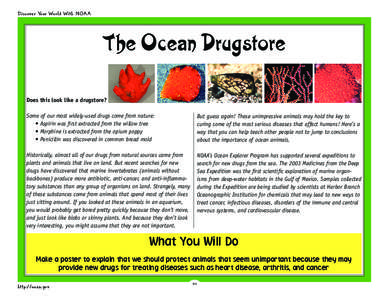 Discover Your World With NOAA  The Ocean Drugstore Does this look like a drugstore? Some of our most widely-used drugs come from nature: • Aspirin was first extracted from the willow tree