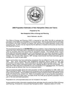 2009 Population Estimates of New Hampshire Cities and Towns Prepared by The New Hampshire Office of Energy and Planning