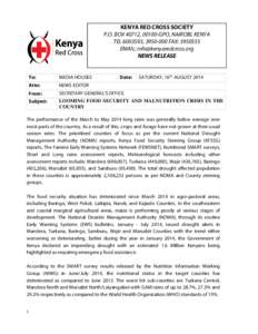 KENYA RED CROSS SOCIETY P.O. BOX 40712, 00100-GPO, NAIROBI, KENYA TEL[removed], [removed]FAX: [removed]EMAIL: [removed] NEWS RELEASE