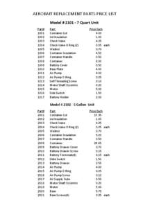 AEROBAIT REPLACEMENT PARTS PRICE LIST Model # [removed]Quart Unit Part#