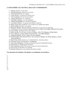 SPANISH M.A. READING LIST – LATIN AMERICA B (Revised June, LATINOAMÉRICA B: COLONIAL, SIGLO XIX Y MODERNISMO 1. Mariano Azuela, Los de abajo. 2. Elena Poniatowska, Hasta no verte Jesús. 3. José Eustasio River