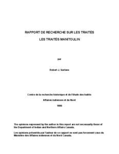 RAPPORT DE RECHERCHE SUR LES TRAITÉS LES TRAITÉS MANITOULIN par  Robert J. Surtees