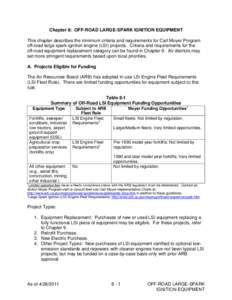 Chapter 8: OFF-ROAD LARGE-SPARK IGNITION EQUIPMENT This chapter describes the minimum criteria and requirements for Carl Moyer Program off-road large spark-ignition engine (LSI) projects. Criteria and requirements for th