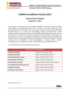 COPRA Accreditation Actions 2013 COPRA ACTION STATEMENT September 1, 2013* The Commission on Peer Review and Accreditation (COPRA) of the Network of Schools of Public Policy, Affairs, and Administration met June 1-3, 201