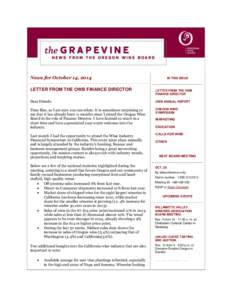 News for October 14, 2014 LETTER FROM THE OWB FINANCE DIRECTOR IN THIS ISSUE  LETTER FROM THE OWB