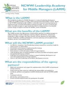 NCWWI Leadership Academy for Middle Managers (LAMM) What is the LAMM? The Leadership Academy for Middle Managers is a national leadership development academy for middle managers in public, tribal and privatized child wel