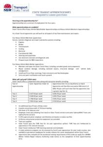 STATE	TRANSIT	APPRENTICESHIPS		 FREQUENTLY	ASKED	QUESTIONS 	 How long is the apprenticeship for? Apprenticeships are a contract of employment for four years. What apprenticeships are available? State Transit offers Heavy