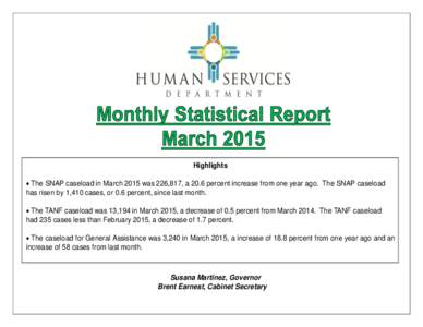 Highlights  The SNAP caseload in March 2015 was 226,817, a 20.6 percent increase from one year ago. The SNAP caseload has risen by 1,410 cases, or 0.6 percent, since last month.  The TANF caseload was 13,194 in Mar