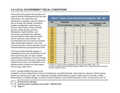 4.0 LOCAL GOVERNMENT FISCAL CONDITIONS The Eureka County government provides a full range of services including police and volunteer fire protection, the construction and maintenance of sanitation, water and sewer (in to