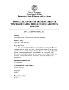 State of Tennessee  Department of State Tennessee State Library and Archives ASSOCIATION FOR THE PRESERVATION OF