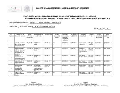 COMITÉ DE ADQUISICIONES, ARRENDAMIENTOS Y SERVICIOS  CONCLUSIÓN Y RESULTADOS GENERALES DE LAS CONTRATACIONES REALIZADAS CON FUNDAMENTO EN LOS ARTÍCULOS 41 Y 42 DE LA LEY, Y LAS DERIVADAS DE LICITACIONES PÚBLICAS UNID