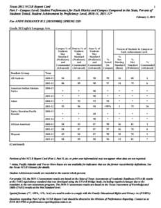 Texas 2012 NCLB Report Card 1 Part I - Campus Level: Student Performance for Each District and Campus Compared to the State, Percent of Students Tested, Student Achievement by Proficiency Level, [removed], [removed]* Februar