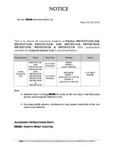 NOTICE Ref. No.- FIITJEE-N.W.Centre[removed]Date:[removed]This is to inform all concerned students of Batches NWCFA37A1R-A2R,