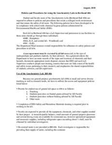 August, 2010 Policies and Procedures for using the Geochemistry Labs in Berthoud 406 Student and faculty users of the Geochemistry Labs (Berthoud Hall 406) are required to adhere to policies and procedures that create a 