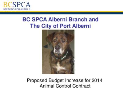 SPEAKING FOR ANIMALS  BC SPCA Alberni Branch and The City of Port Alberni  Proposed Budget Increase for 2014