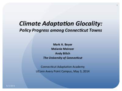 1  Climate	
  Adapta,on	
  Glocality:	
   Policy	
  Progress	
  among	
  Connec,cut	
  Towns	
   Mark	
  A.	
  Boyer	
  	
   Melanie	
  Meinzer	
  	
  