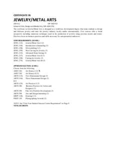 CERTIFICATE IN  JEWELRY/METAL ARTS (30 hrs.) CIP: [removed]School of Arts, Design and Media Arts, [removed]