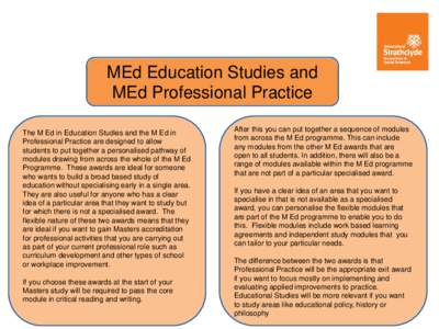 MEd Education Studies and MEd Professional Practice The M Ed in Education Studies and the M Ed in Professional Practice are designed to allow students to put together a personalised pathway of modules drawing from across