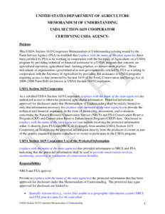 United States Department Of Agriculture Memorandum Of Understanding USDA Section 1619 Cooperator Certifying USDA Agency