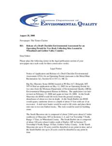August 28, 2008 Newspaper: The Times-Clarion RE: Release of a Draft Checklist Environmental Assessment for an Operating Permit for Two Rock Collecting Sites Located in