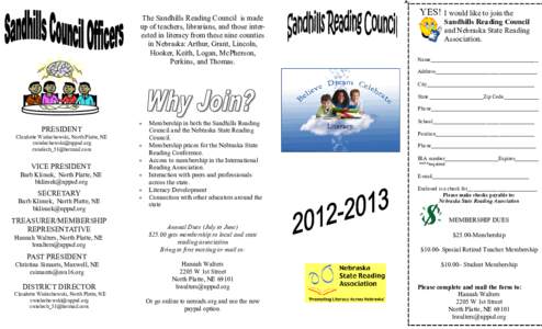 The Sandhills Reading Council is made up of teachers, librarians, and those interested in literacy from these nine counties in Nebraska: Arthur, Grant, Lincoln, Hooker, Keith, Logan, McPherson, Perkins, and Thomas.