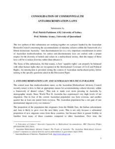 Submission on the Consolidation of Commonwealth Anti-Discrimination Laws - Prof Patrick Parkinson and Nicholas Aroney