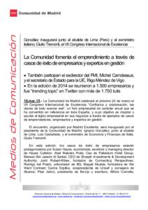 González inaugurará junto al alcalde de Lima (Perú) y al exministro italiano, Giulio Tremonti, el VII Congreso Internacional de Excelencia La Comunidad fomenta el emprendimiento a través de casos de éxito de empresa