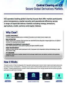 Central Clearing on ICE: Secure Global Derivatives Markets ICE operates leading global clearing houses that offer market participants price transparency, capital security and operational efficiency across a range of liqu