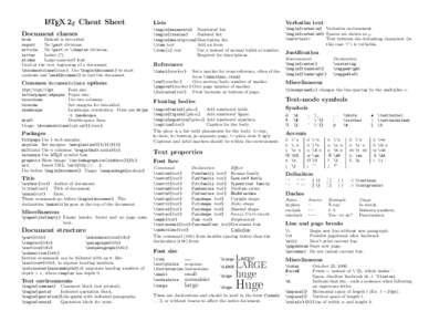 LATEX 2ε Cheat Sheet Document classes book Default is two-sided. report No \part divisions.